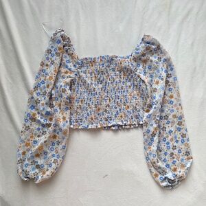 floral ruched smocked blouse puff sleeve long sleeve top